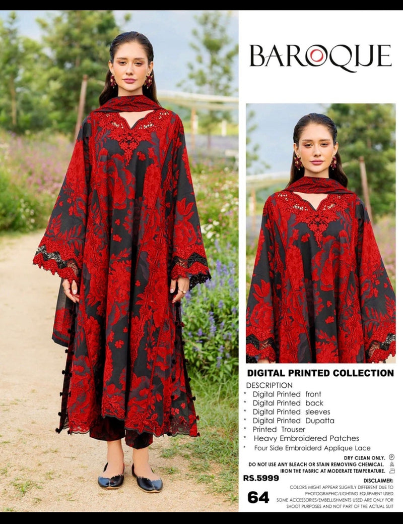 Premium Digital Printed 3 Piece Unstitched Suit with Heavy Embroidered Patches & Applique Lace