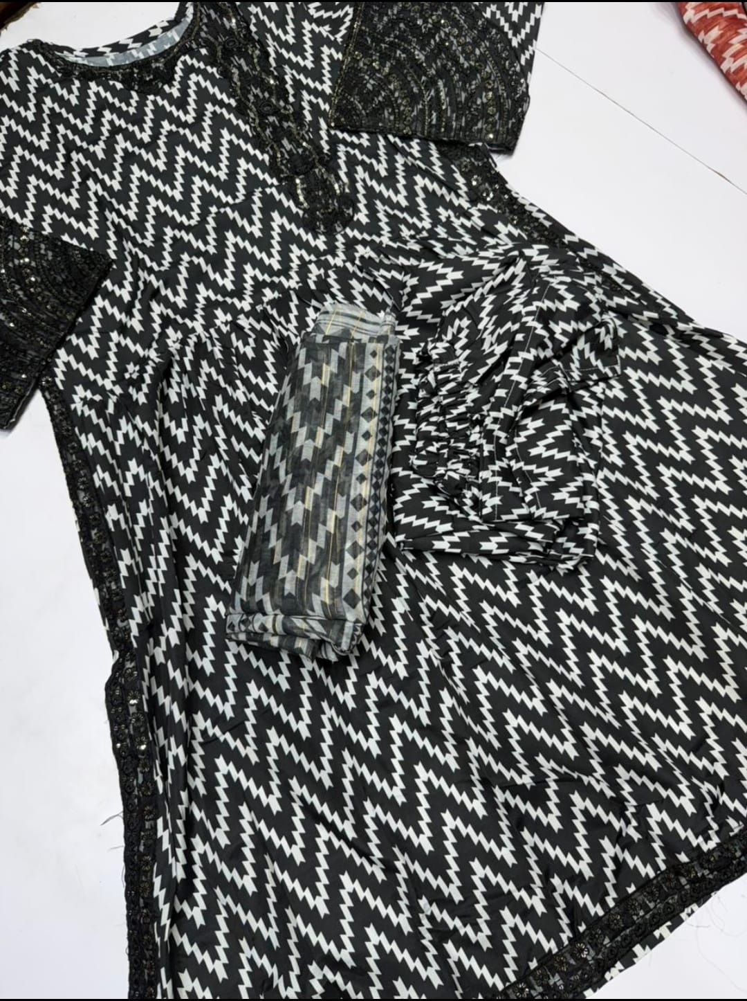 Black & White Zigzag Printed 3 Piece Suit | YC Collection