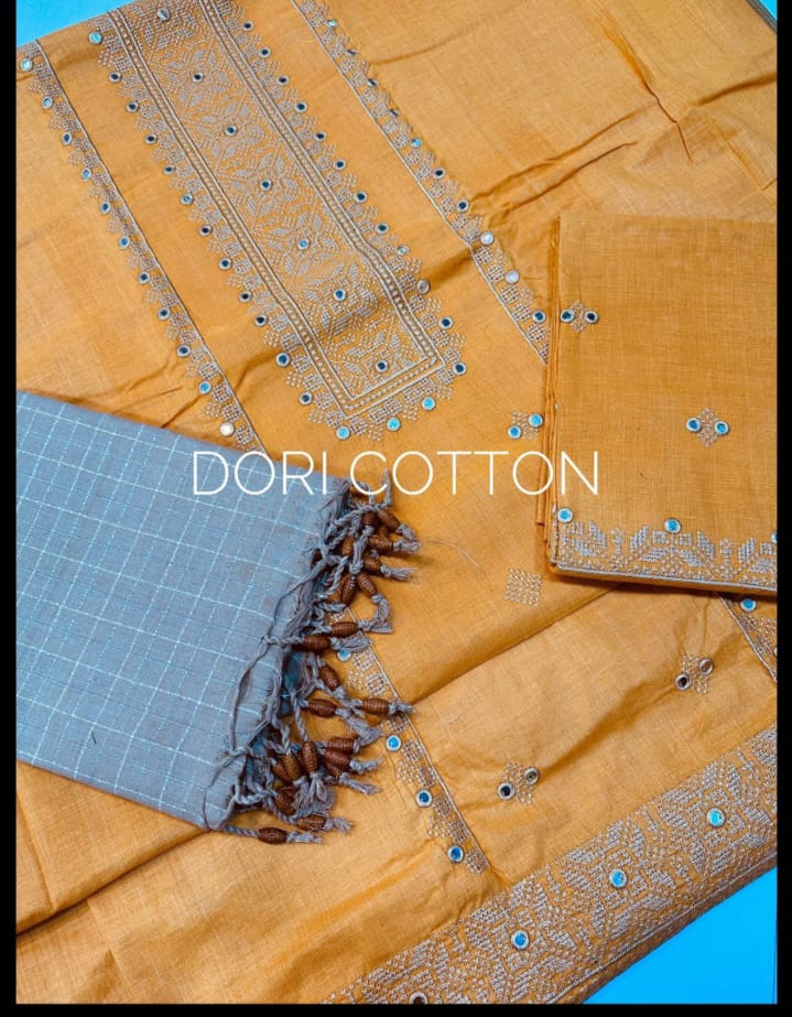 Blue Dori Cotton Embroidered 3 Piece Suit for Women