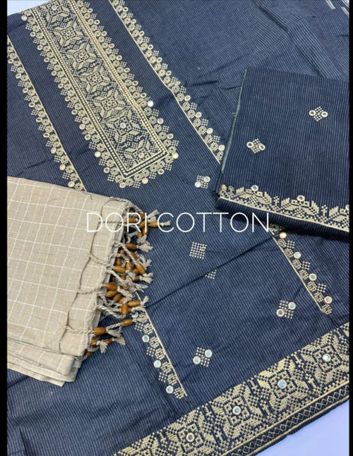 Blue Dori Cotton Embroidered 3 Piece Suit for Women