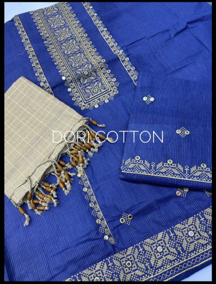Blue Dori Cotton Embroidered 3 Piece Suit for Women