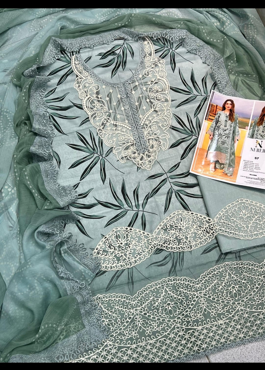 Premium Digital Printed 3 Piece Unstitched Suit with Heavy Embroidered Patches