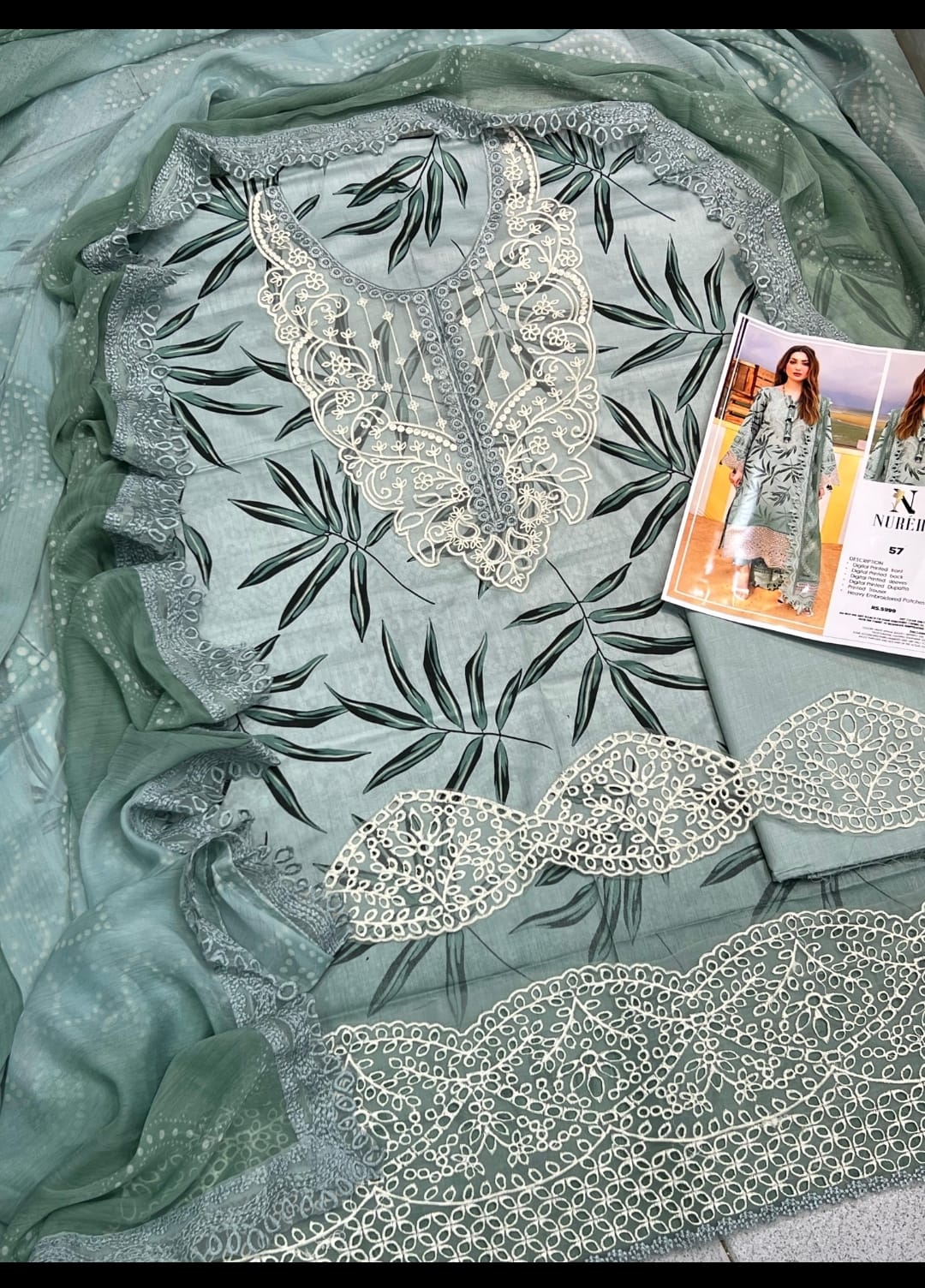 Premium Digital Printed 3 Piece Unstitched Suit with Heavy Embroidered Patches