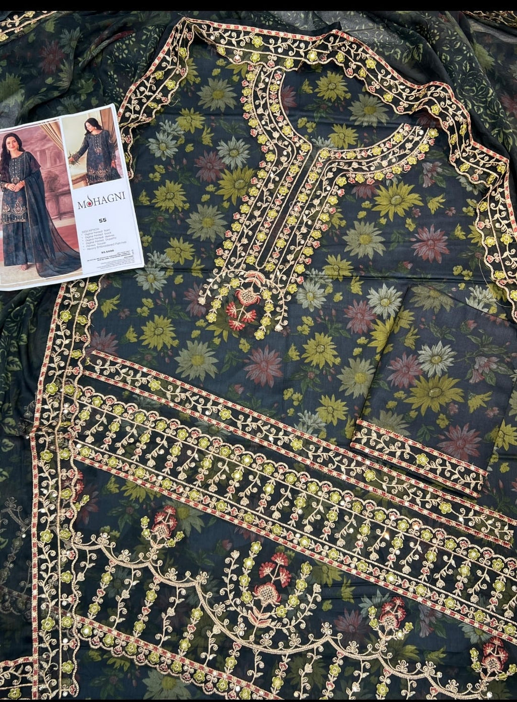 Premium Digital Printed 3 Piece Unstitched Suit with Embroidered Patches