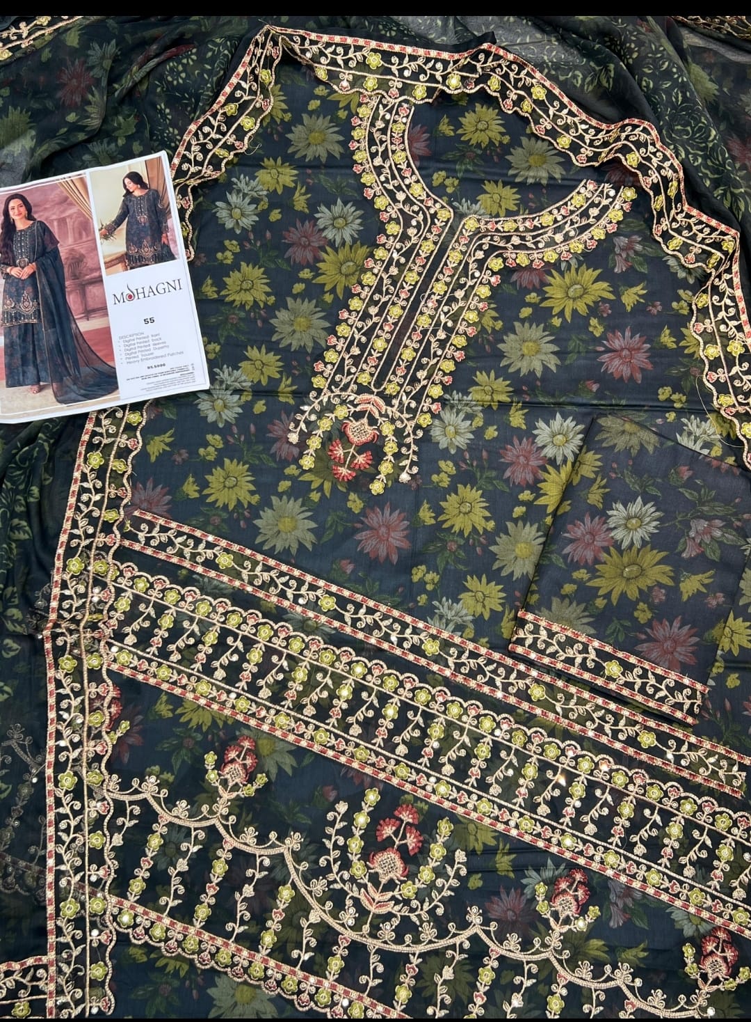 Premium Digital Printed 3 Piece Unstitched Suit with Embroidered Patches